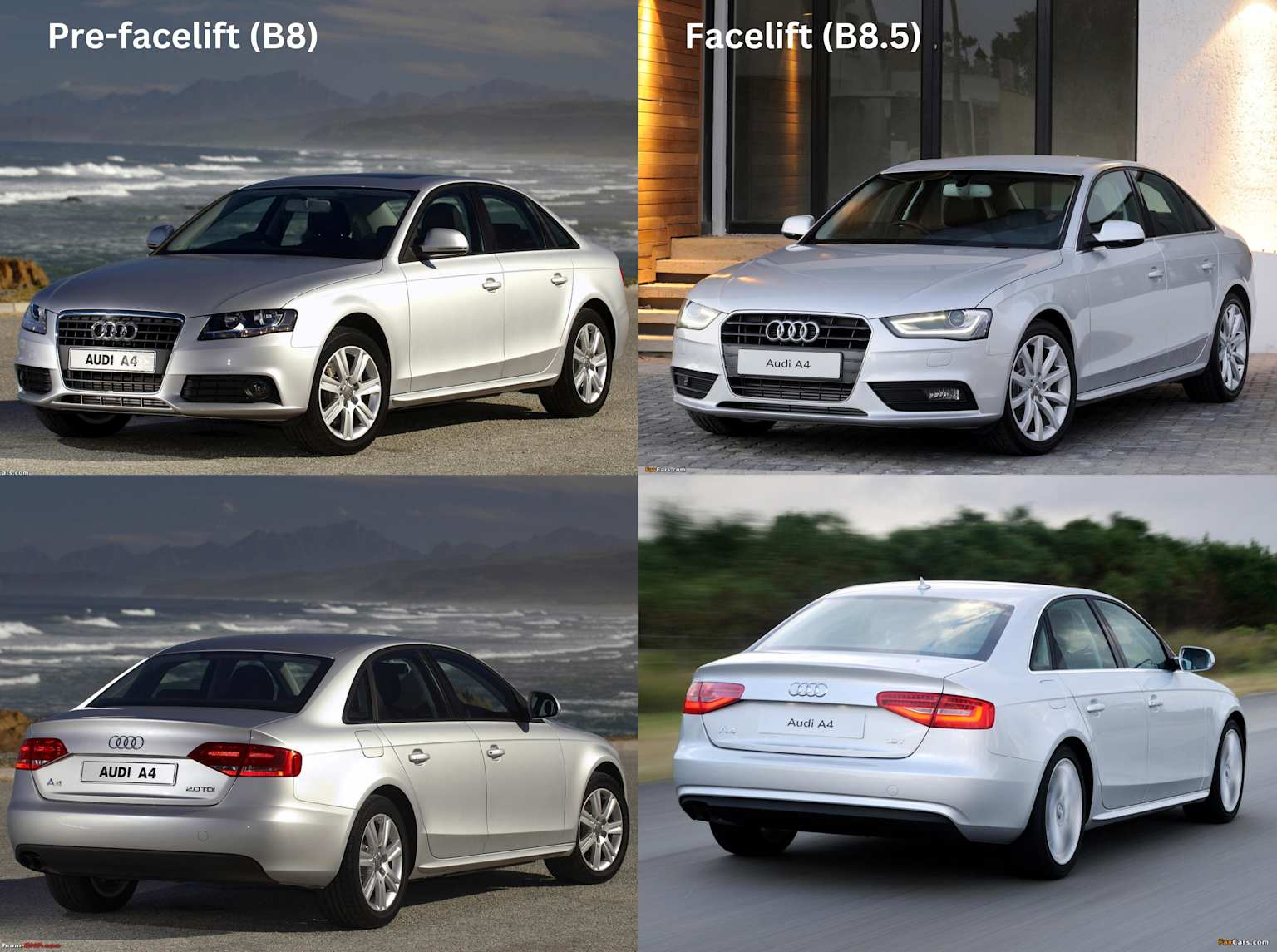 Audi A4 Years to Avoid: Complete Buyer's Guide 2025 6 Comparison of Audi A4 pre-facelift (B8) and facelifted (B8.5) models showing distinctive exterior design updates from 2008 to 2016.