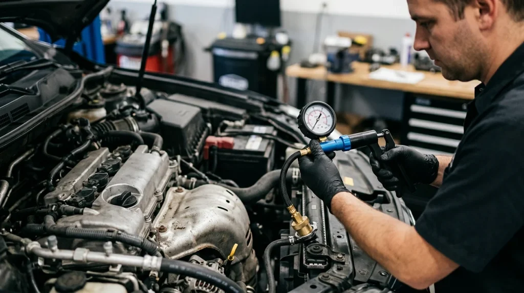 Automotive technician pressure testing a car engine cooling system for leaks