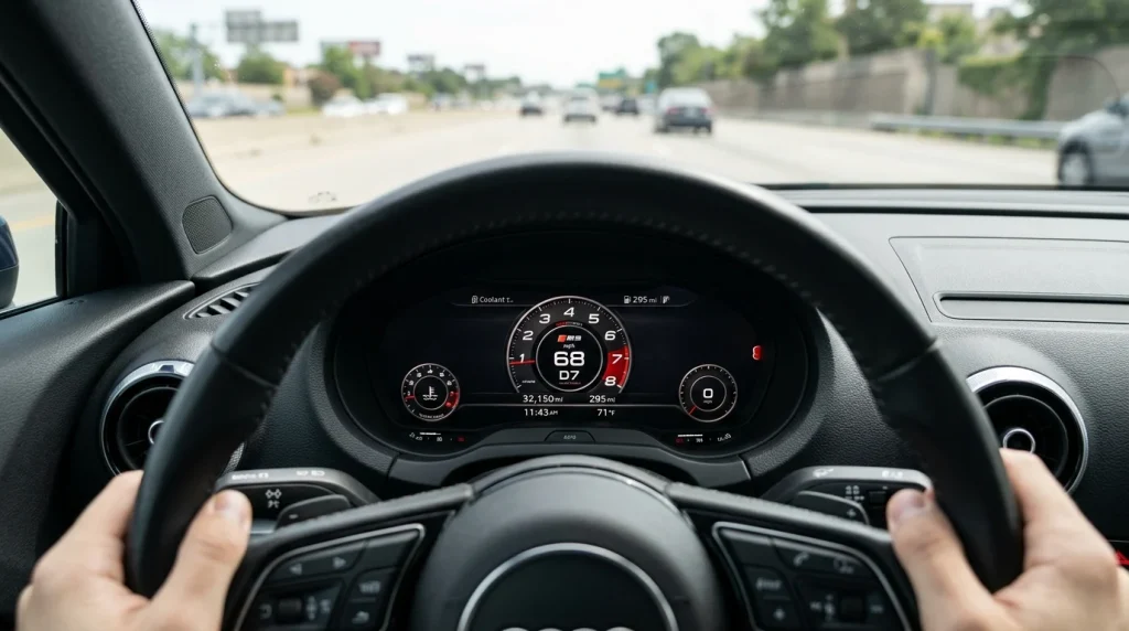 Motorist point-of-view of the Audi Virtual Cockpit digital gauge cluster display