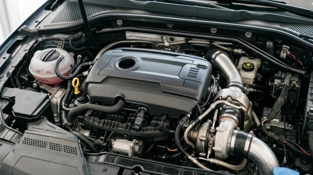 The 2.0-liter turbocharged four-cylinder EA888 engine of a used 2017 Audi A4.