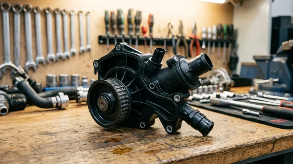 Close-up of the plastic water pump and thermostat housing assembly for a 2017 Audi A4.