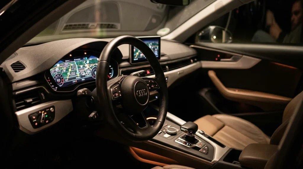 The 12.3-inch digital Virtual Cockpit display in the dashboard of a 2017 Audi A4.