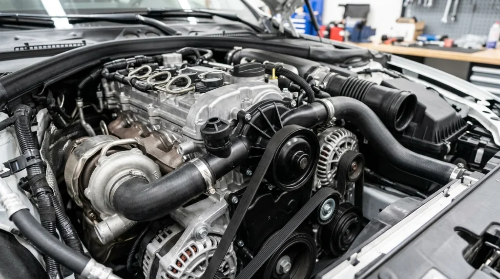 A newly installed engine water pump and thermostat housing in an engine bay.