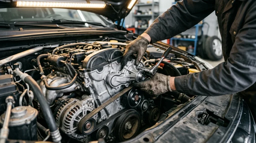 Mechanic replacing a car water pump and thermostat housing assembly