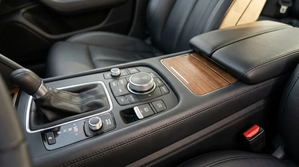 Close-up of a modern car center console and rotary media controller knob
