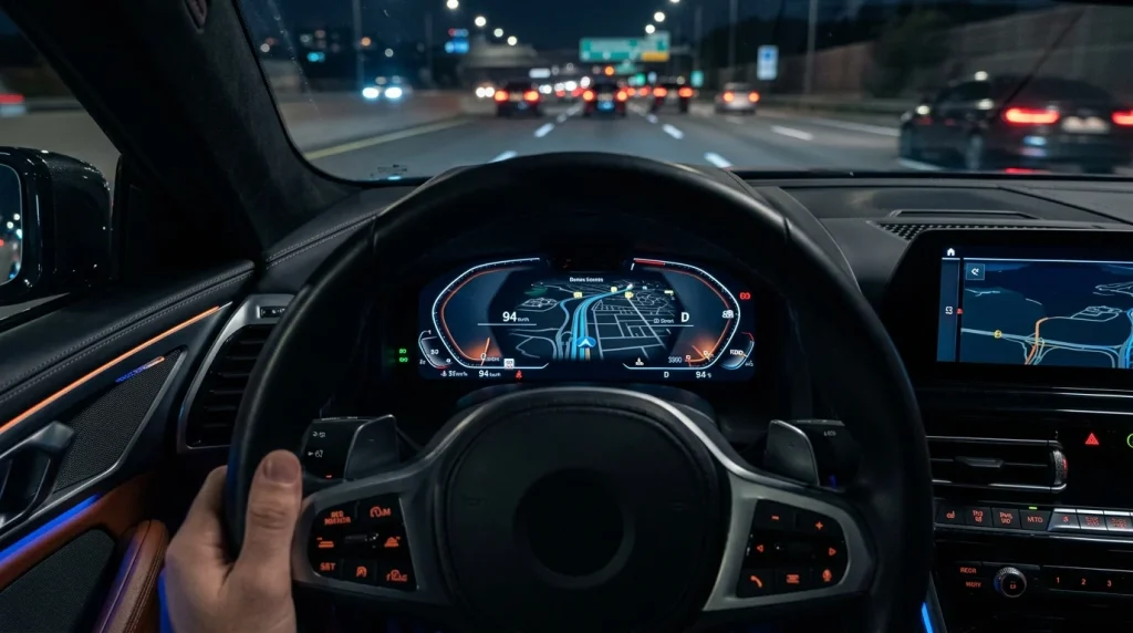 Digital instrument cluster showing a navigation map on the dashboard screen