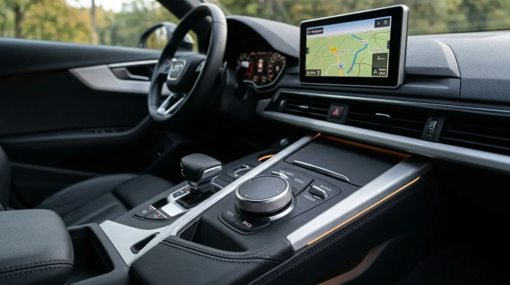 Close-up of the center console and MMI rotary dial controller in a 2019 Audi A4.