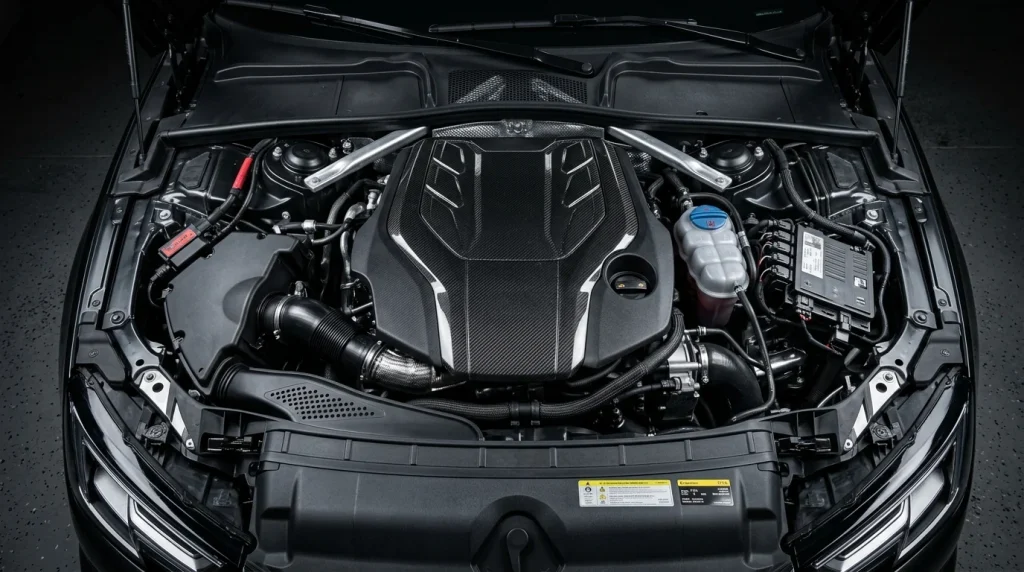 View of the 2.0-liter turbocharged EA888 engine in the 2019 Audi A4 engine bay.