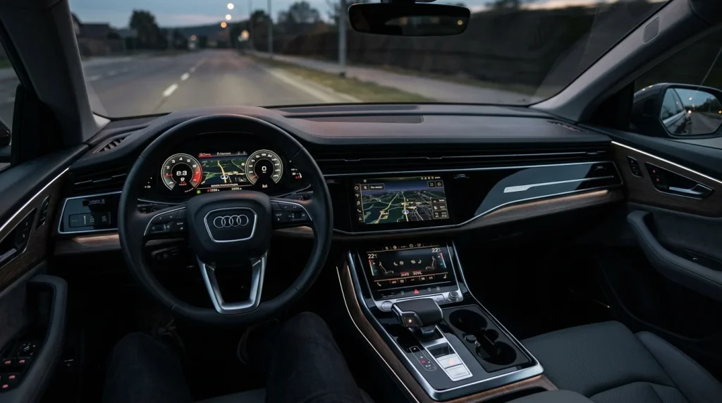 Detailed view of the dual touchscreen MMI screens and digital instrument cluster inside a 2019 Audi Q8 cabin