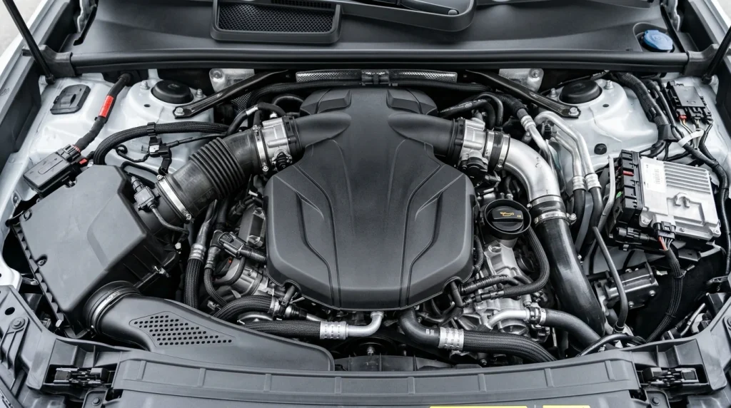 Close-up view of the 3.0L turbocharged V6 engine inside the engine bay of a 2019 Audi Q8