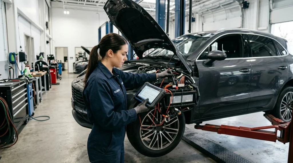Automotive technician examining the mechanical components of a luxury crossover SUV in a service center