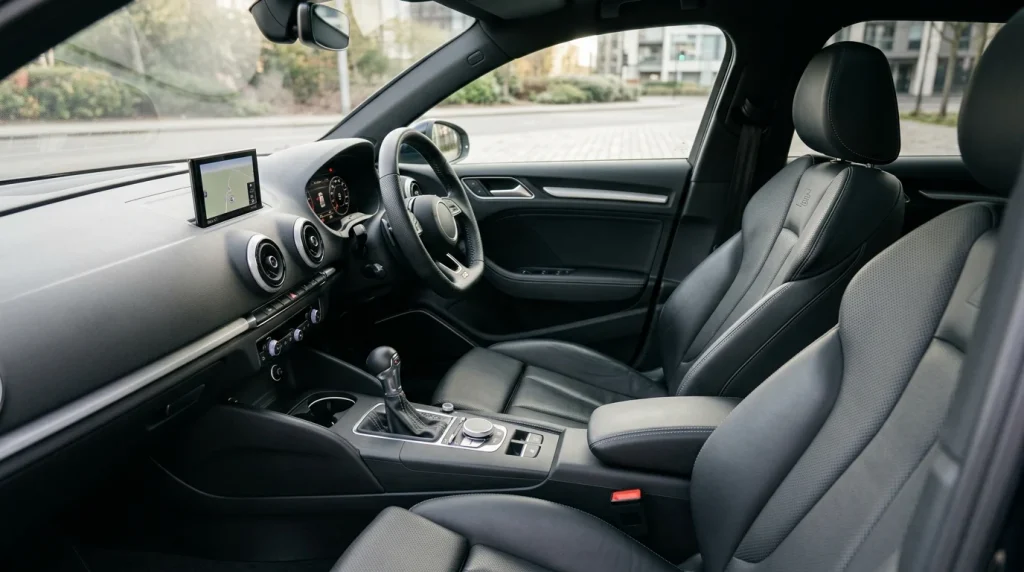 The premium interior of the 2020 Audi A3 showing the Final Edition leather sport seats and flat-bottom steering wheel.