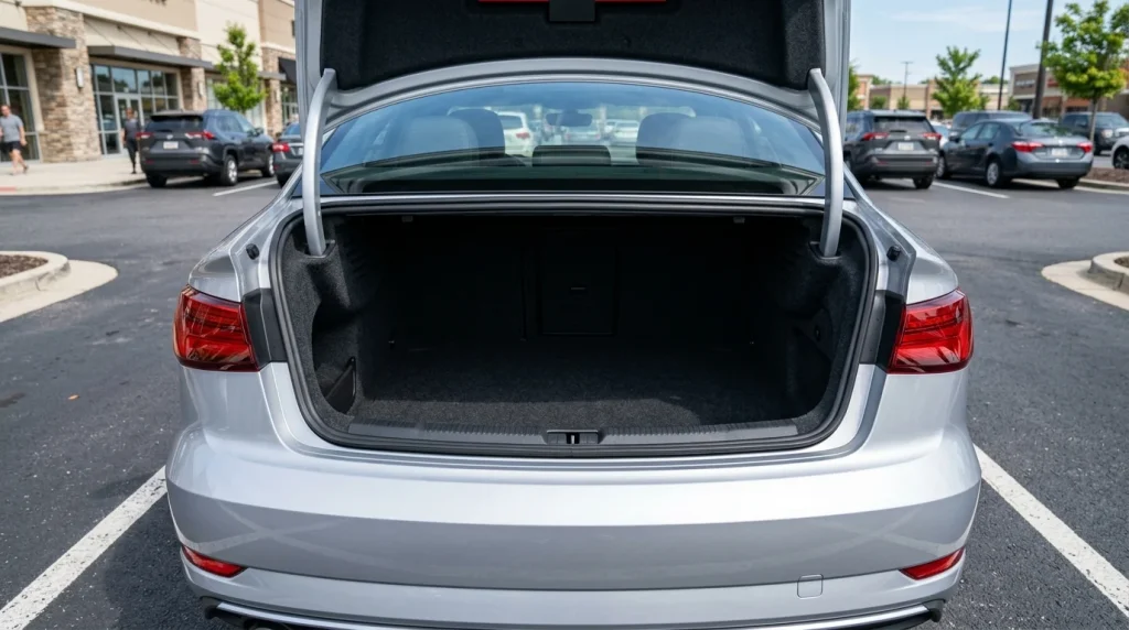 An open trunk of a 2020 Audi A3 sedan showing the cargo capacity in a parking lot.