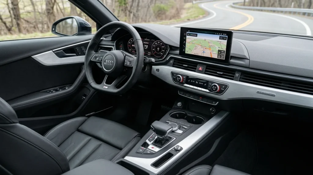 The clean dashboard and 10.1-inch touchscreen display inside a 2020 Audi A4.