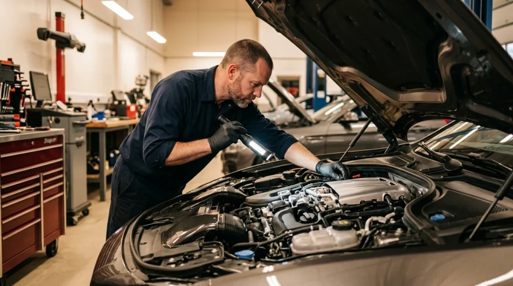 A mechanic inspecting a car engine for common problems and coolant leaks.