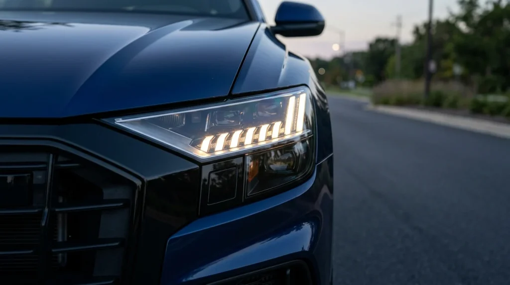 2020 Audi Q8 Review: Used Prices, Recalls, and Specs 6 Detailed close-up view of the HD Matrix LED headlight on a 2020 Audi Q8.