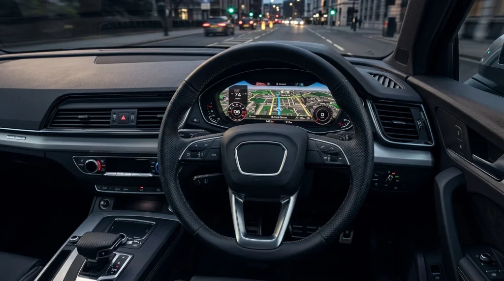 The interior dashboard and Virtual Cockpit of a 2020 Audi SQ5 displaying navigation maps.