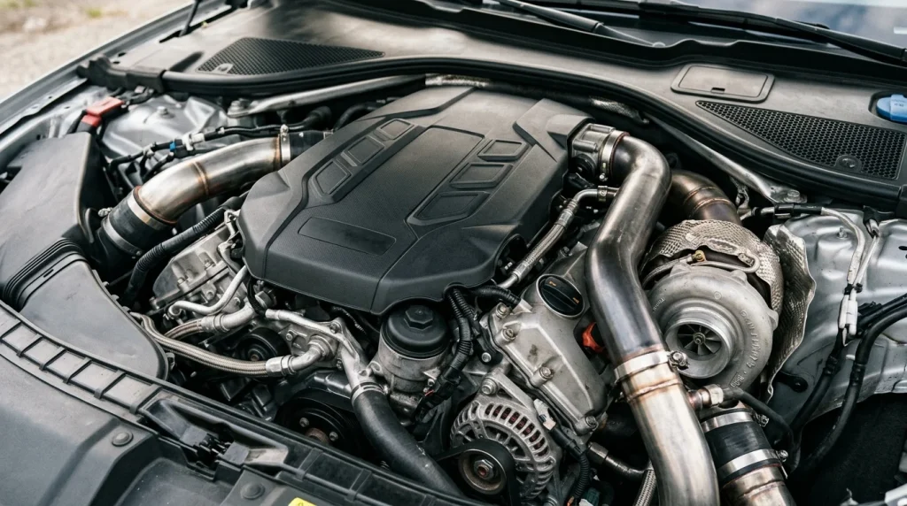 A close-up view of the turbocharged V6 engine under the hood.