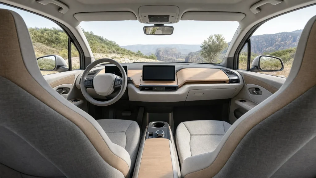 2020 BMW i3 Review: Used Price, Range, and Specs 7 The eco-friendly interior dashboard of a 2020 BMW i3 featuring open-pore eucalyptus wood trim and gray sustainable fabric seats.