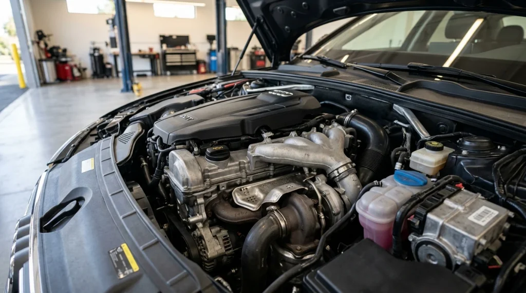 Engine bay of a used 2021 Audi A4 showing the 2.0T turbocharged powerplant.