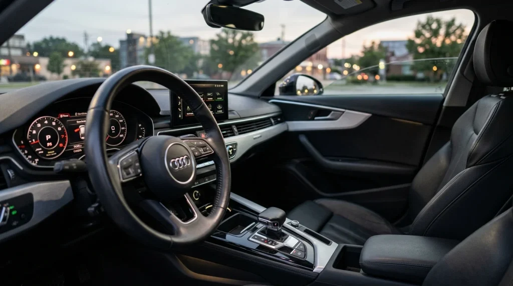 Modern interior and center console dashboard of a used 2021 Audi A4 sedan.