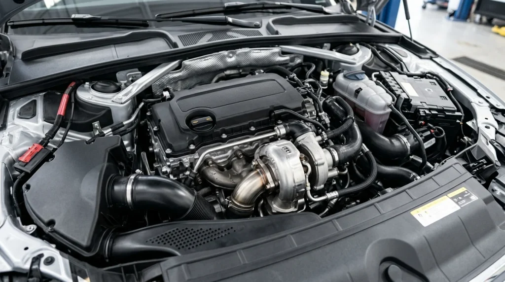 Clean engine bay of a 2022 Audi A4 showing the turbocharged 2.0-liter engine