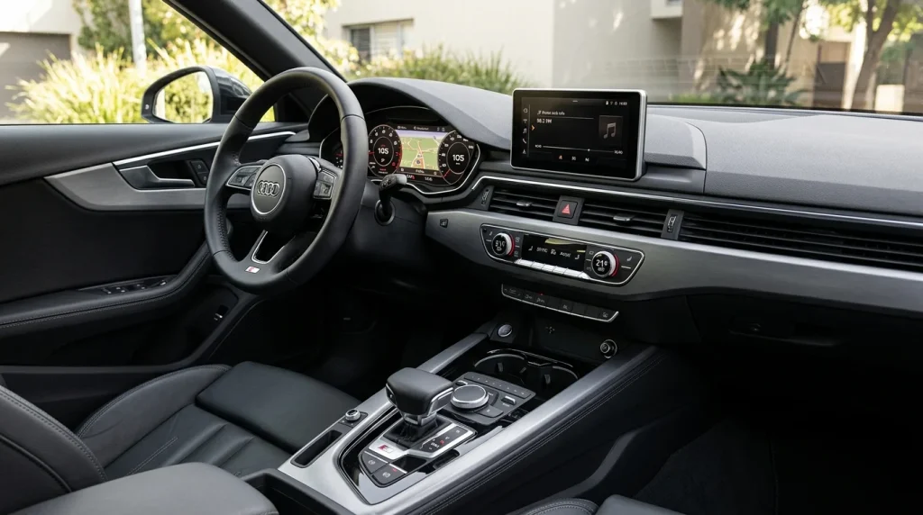 Premium interior dashboard of a 2022 Audi A4 showing the digital Virtual Cockpit