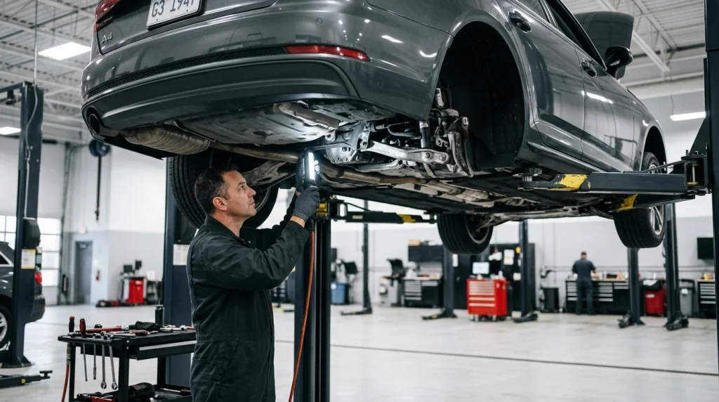 Professional auto mechanic inspecting the underside of a B9 generation Audi A4
