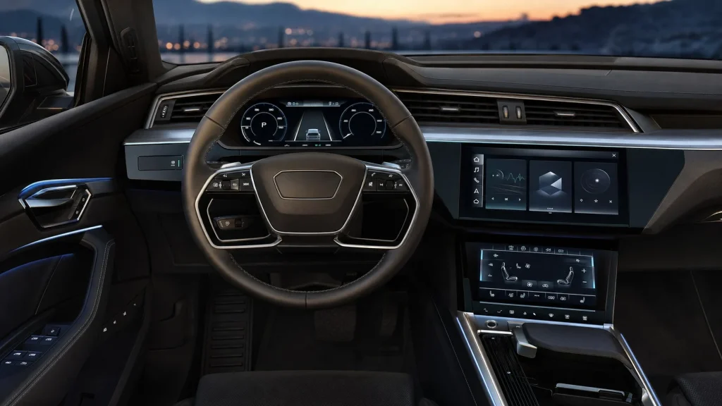 The dual-touchscreen MMI infotainment display and Virtual Cockpit inside the 2022 Audi e-tron