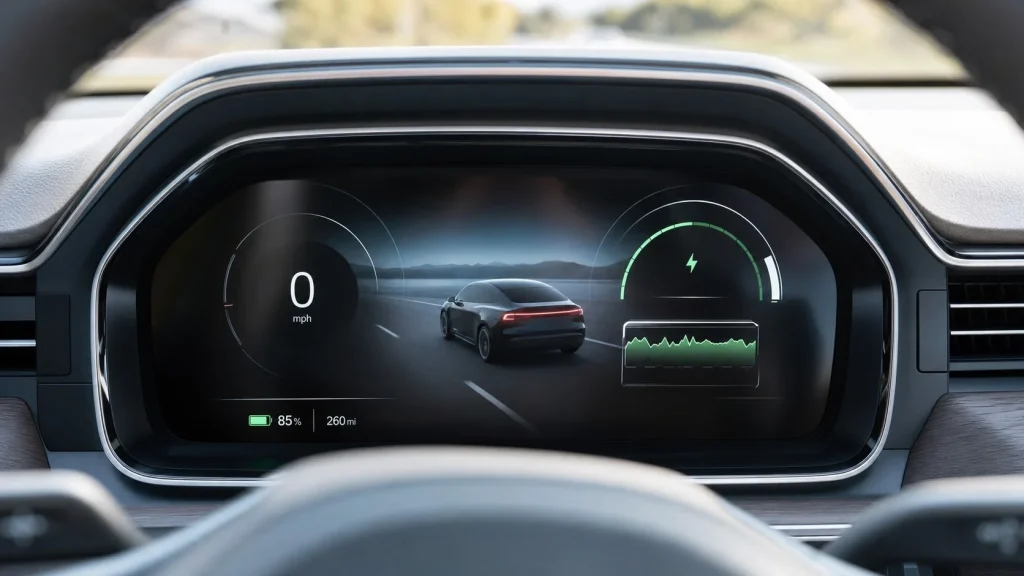 Detailed view of a digital instrument cluster showing electric vehicle range and battery charge.