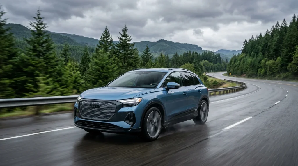 Blue 2022 Audi Q4 e-tron driving on a highway