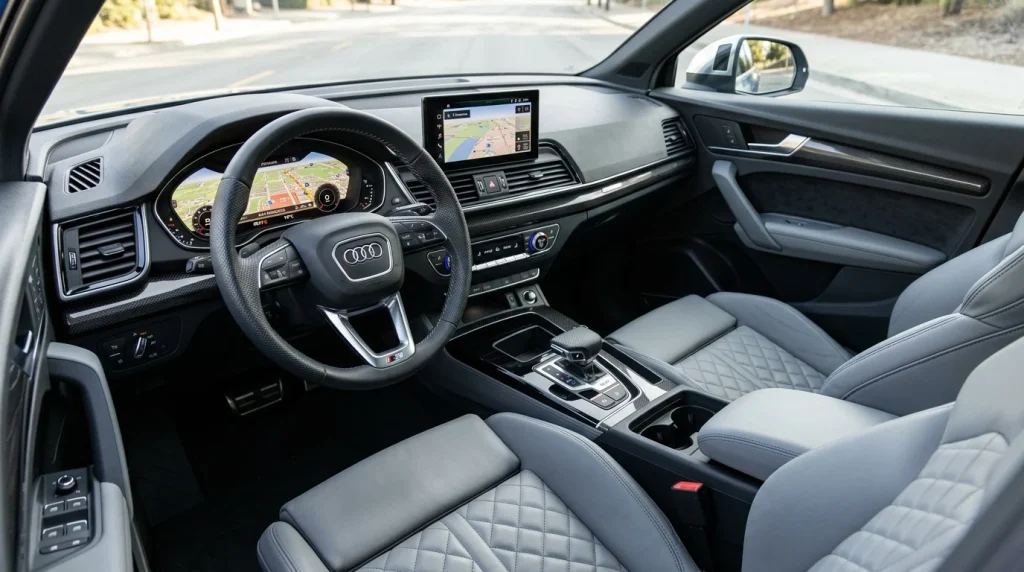 The high-tech cockpit and quilted leather interior of the 2022 Audi SQ5.