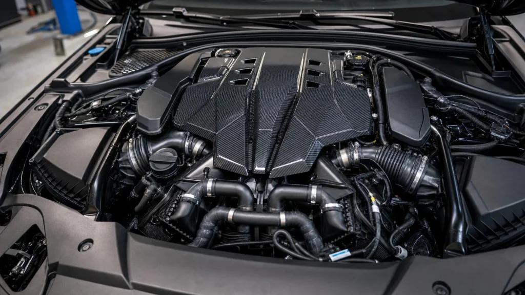 Clean engine bay showing the twin-turbo V8 engine under workshop lighting