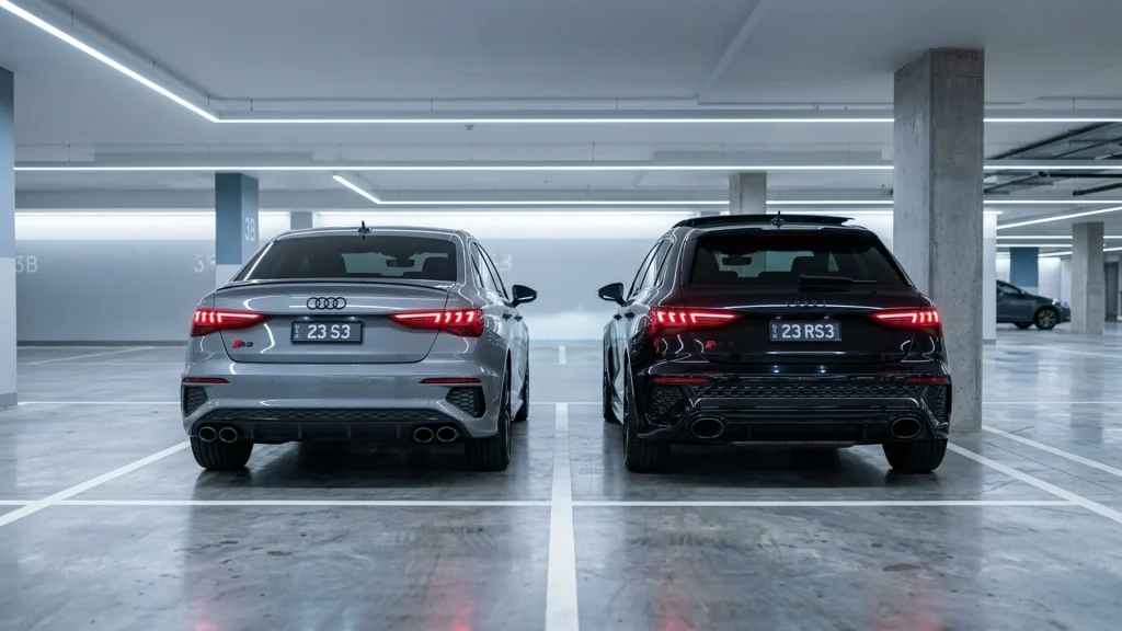 High performance 2023 Audi S3 and RS3 models parked side by side.