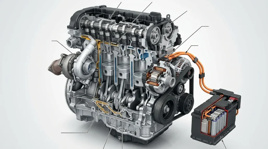 Technical cutaway showing the 2023 Audi A4 EA888 mild-hybrid engine setup