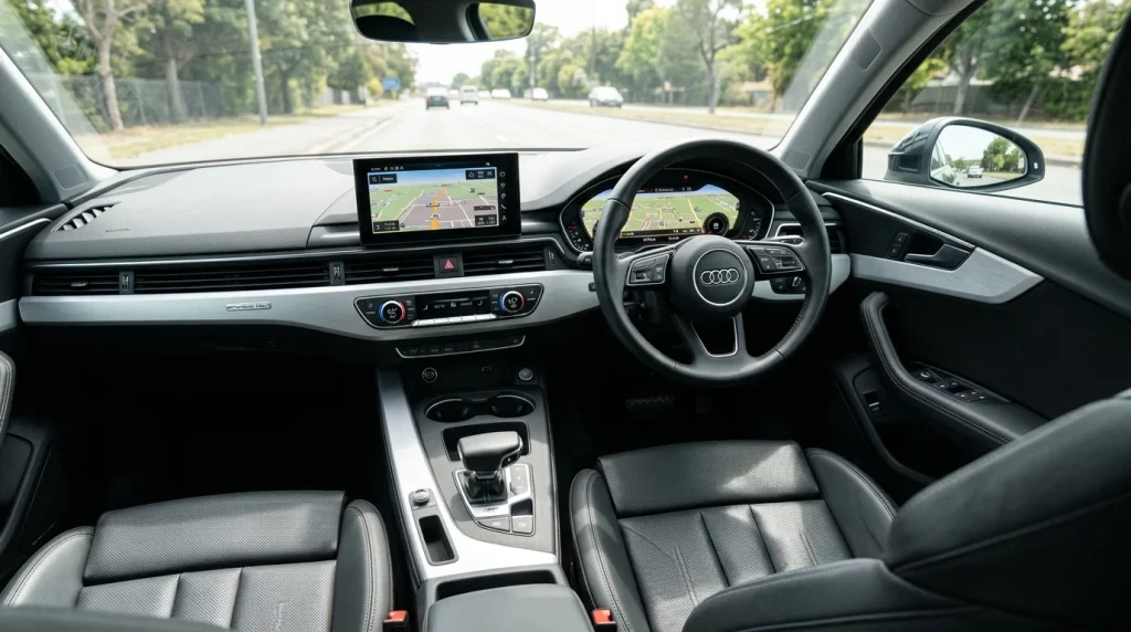 Interior dashboard view of a 2023 Audi A4 Premium Plus showing the Virtual Cockpit and touchscreen