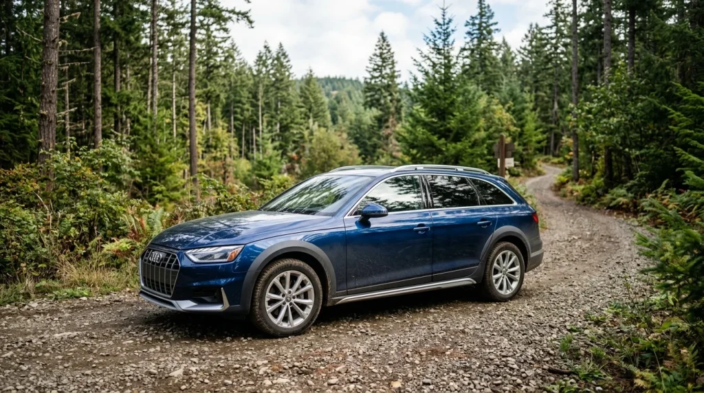 Side view of a blue 2023 Audi A4 Allroad wagon parked near a forest trail