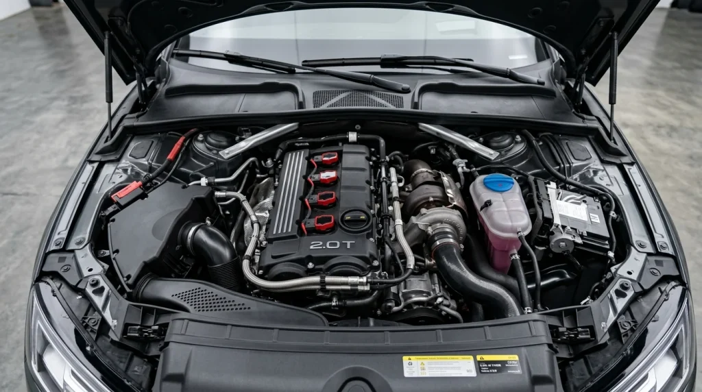 Under-hood detail of the EA888 2.0-liter turbocharged engine