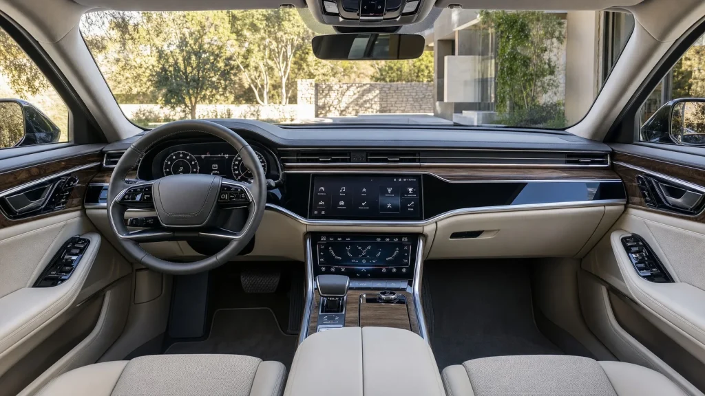 The premium dashboard and touchscreens inside a 2023 Audi A8 cabin