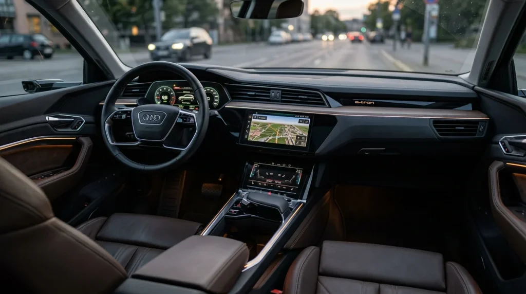 2023 Audi e-tron Review: Price, Range, and Used EV Guide 5 Modern dual-touchscreen dashboard and virtual cockpit interior of a 2023 Audi e-tron