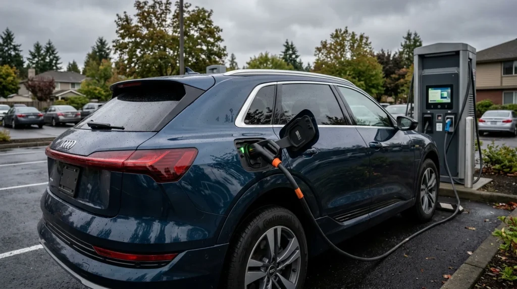 2023 Audi e-tron Review: Price, Range, and Used EV Guide 4 2023 Audi e-tron electric SUV plugged into a public DC fast charging station