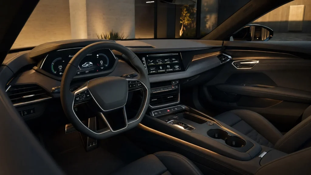 2023 Audi e-tron GT Review: Used Price, Range, and Performance in 2026 3 The luxury cabin interior of a 2023 Audi e-tron GT featuring sustainable microfiber upholstery and digital displays.