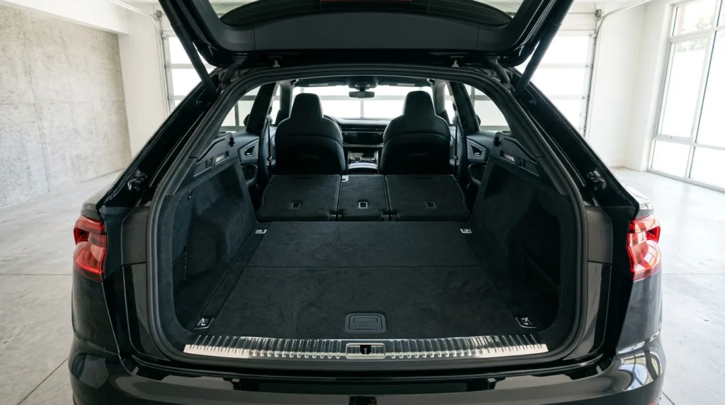 Expanded rear cargo area of the 2023 Audi Q8 with folded seats