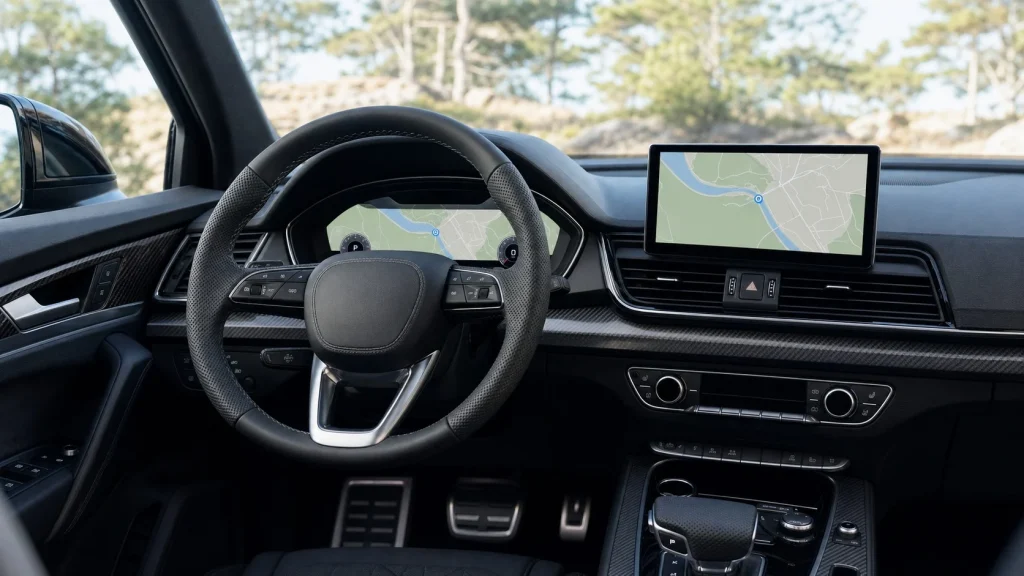 A digital dashboard displaying a navigation map in a luxury SUV cabin.
