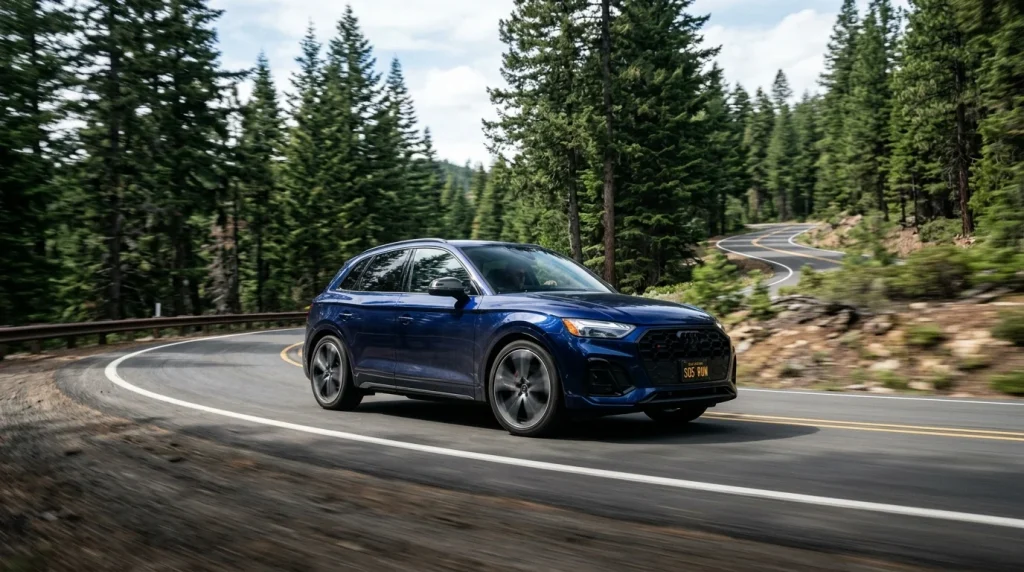 A luxury SUV negotiating a curve on a winding forested road in dynamic mode.