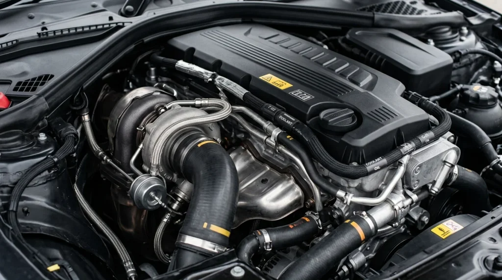 Close-up view of the clean B58 turbocharged inline-six engine under the hood of a BMW 2-Series
