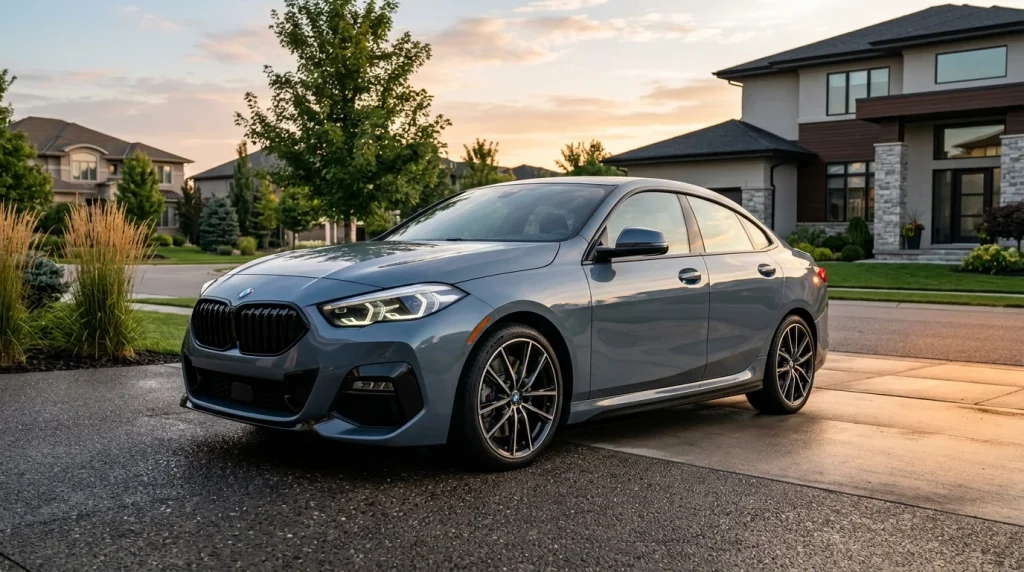 Storm Bay Metallic 2023 BMW M235i xDrive Gran Coupe parked in a modern driveway