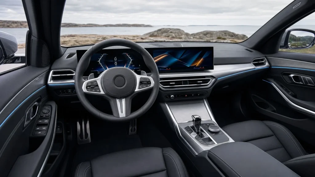 The interior cabin of a 2023 BMW 3-Series featuring the curved display screen and center console.