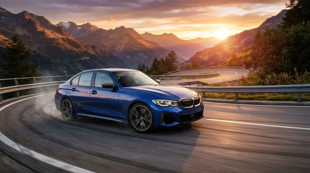 A high-performance 2023 BMW M340i driving on a winding mountain highway at sunset.