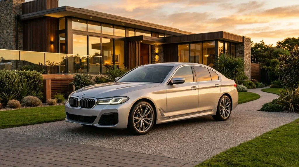 A silver 2023 BMW 540i parked in a modern residential driveway.